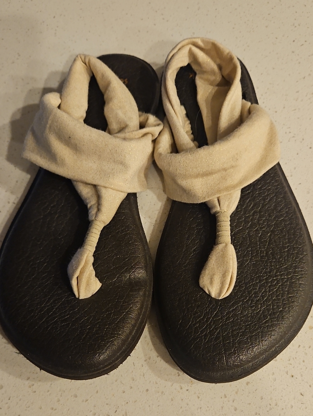Sanuk Beige Glitter Fabric Twist Thong Sandals
